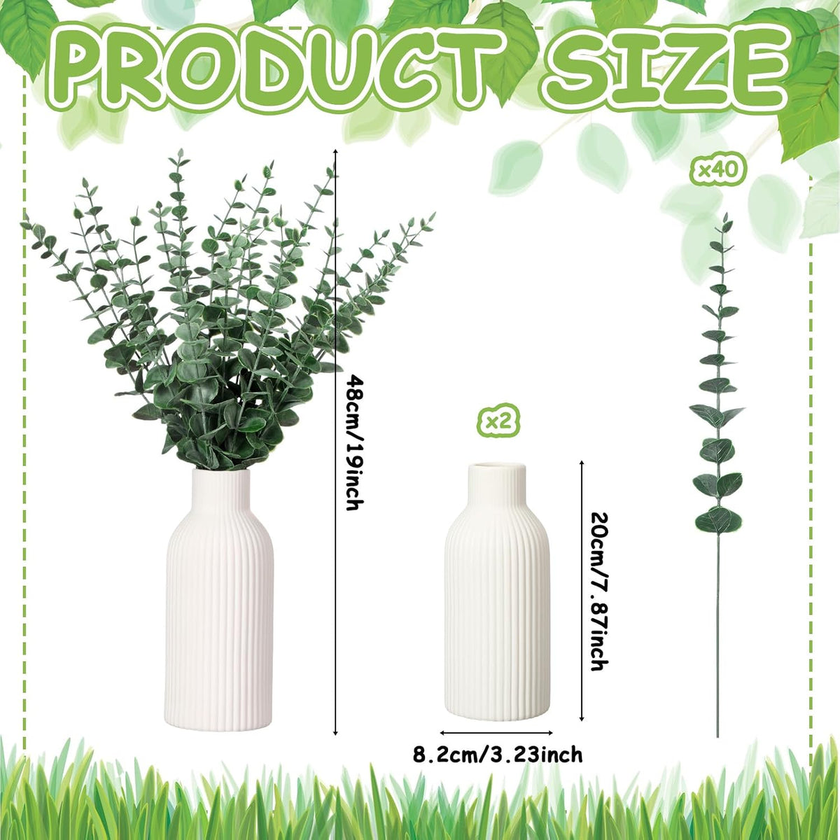 LemonRoad 2 Pack Artificial Eucalyptus Stem in Ceramic Vase 19" Fake Greenery Plants for Home Decor 40 Pcs Modern Indoor Fake Eucalyptus Stem for Table Centerpiece Living Room Bathroom