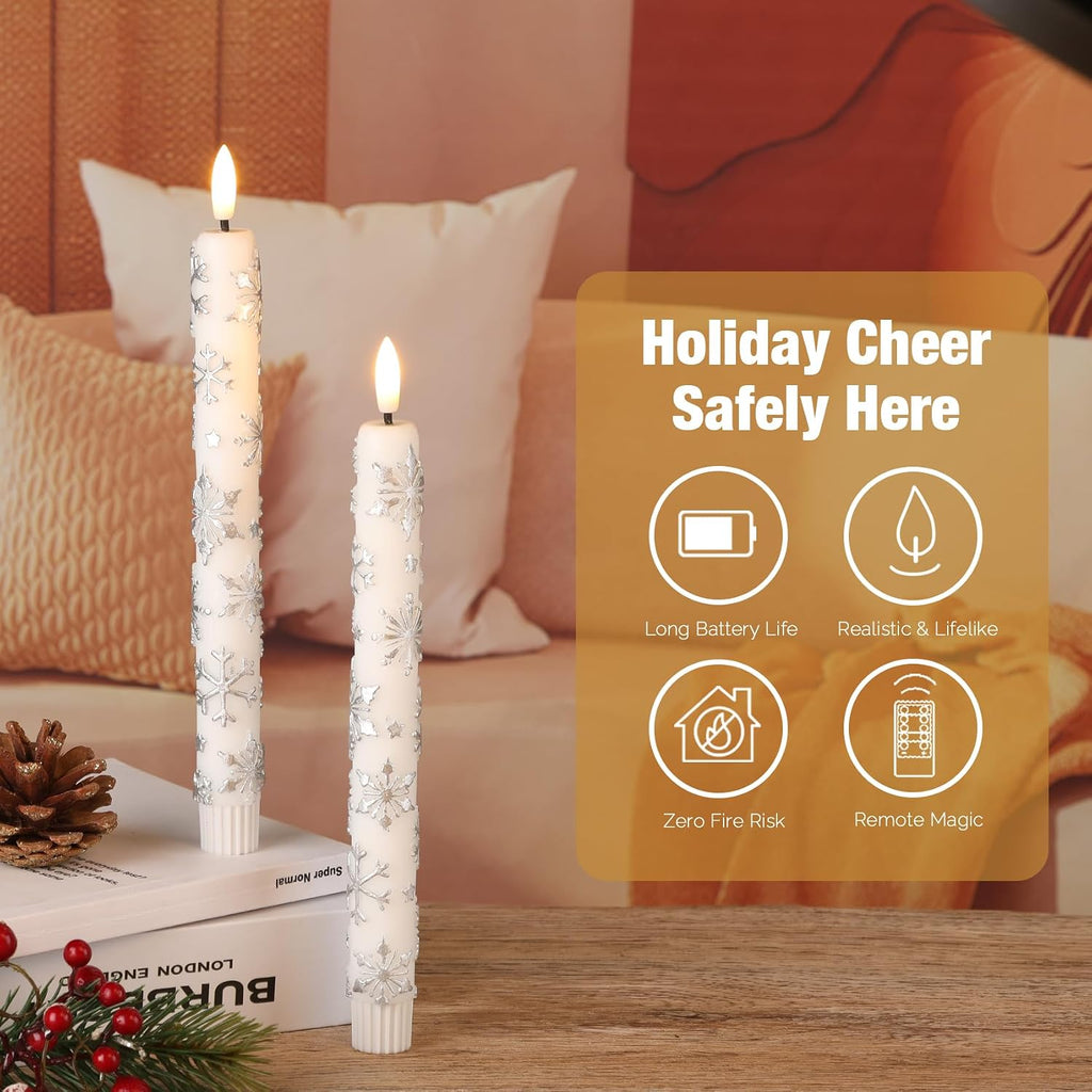 Eywamage White Snowflakes Christmas LED Taper Candles with Remote Set of 2