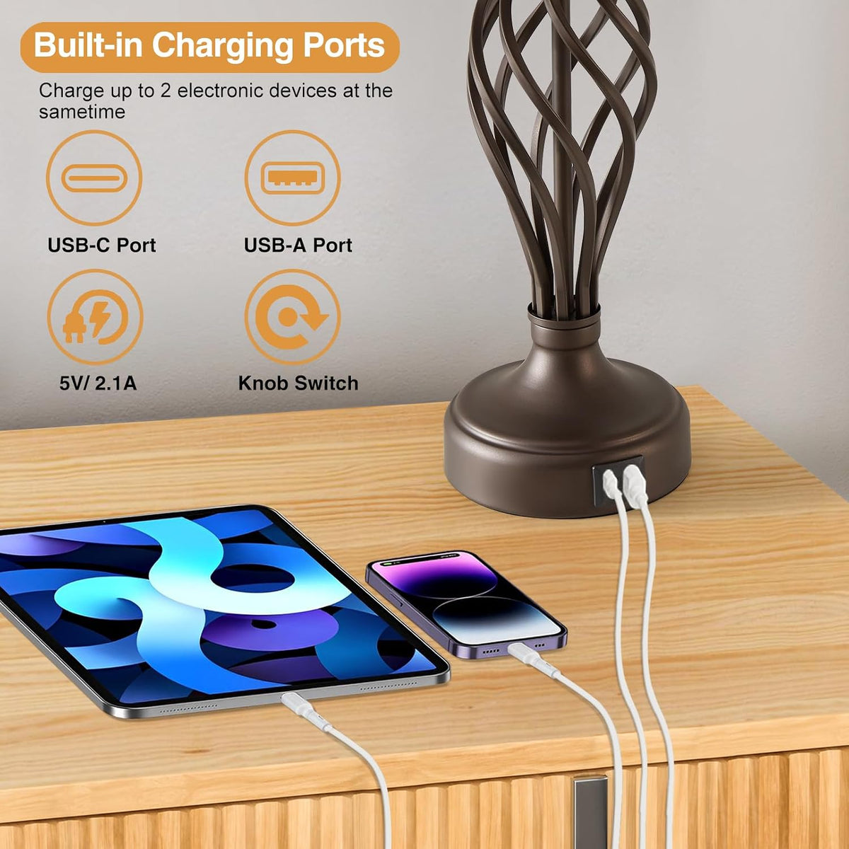 Table Lamp for Bedroom Set of 2 with USB C+A Ports,Modern Night Stand Lamp