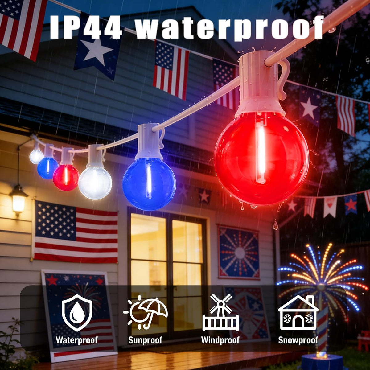 26FT 12 LED G40 Bulb Outdoor String Lights with White Wire, Multi Dynamic Lighting Modes, Decorative for National Day Holiday Garden Decor