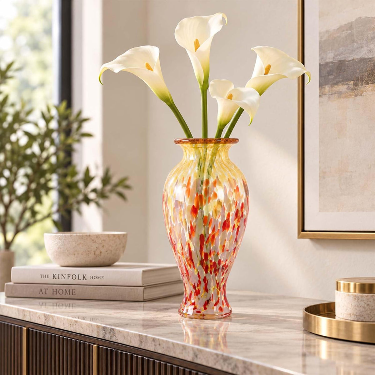 11.8" Tall Glass Vase Beautiful Hand Blown Glass Vase Modern Art Home Decor, Wide Mouth Colorful Vases for Mantle Dining Table Centerpiece, Entryway Living Room Wedding Decoration (Amber Swirl)