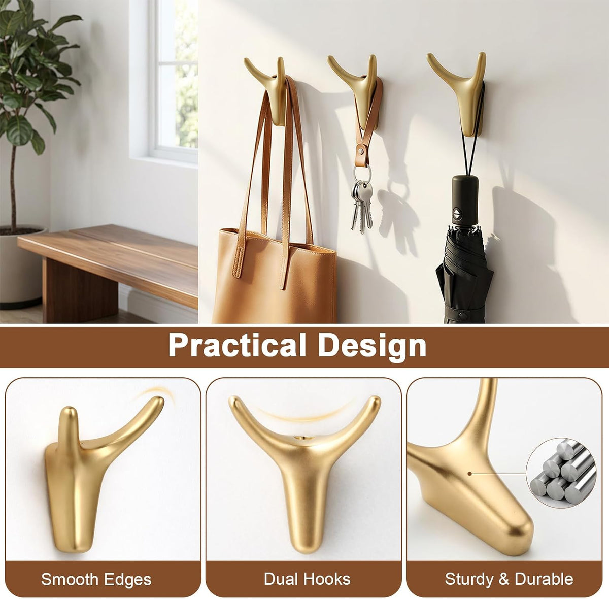 POZEAN 4 Pack Antler Wall Hooks for Hanging, Matte Gold Heavy Duty Coat Hooks Wall Mounted for Coats Hats Bags Keys, Decorative Deer Antler Metal Hook for Entryway Mudroom Bathroom Bedroom (4, Gold)