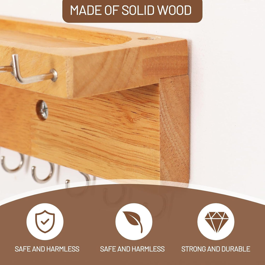 Necklace Holder Wall Mount,Jewelry Organizer with 30 Hooks,Natural Wood