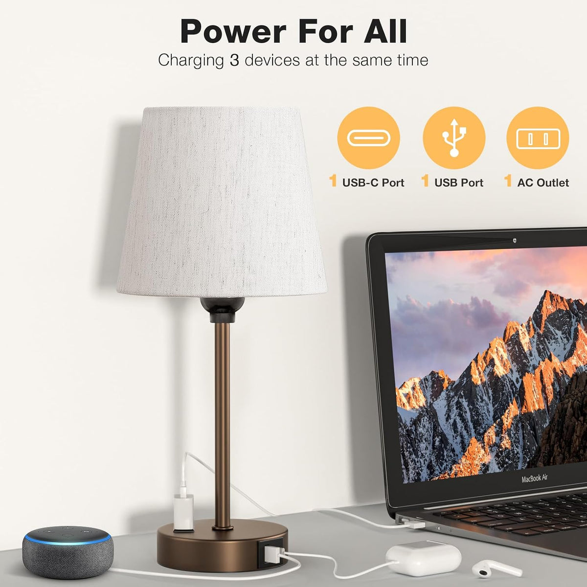 Brown Bedside Lamps Set 2 for Bedroom - Dimmable Touch, USB C+A, AC Outlet