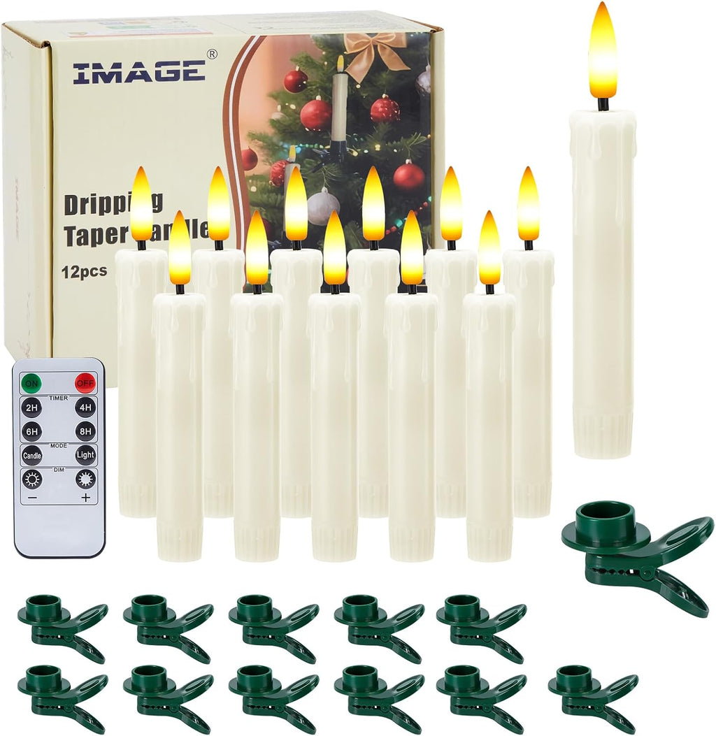 IMAGE 5.3in Flameless Taper Candles with Clip for Christmas Tree, 12Pcs