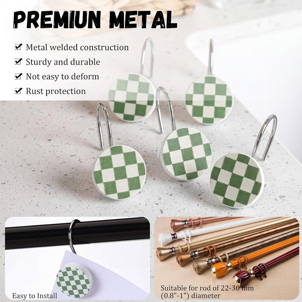 Yalikop Rustic Checkered Shower Curtain Hooks Set of 12 Retro Sage Green and White Round Shower Curtain Rings Modern Decorative Hanger Rings with Metal Hooks for Bathroom Rod and Liner