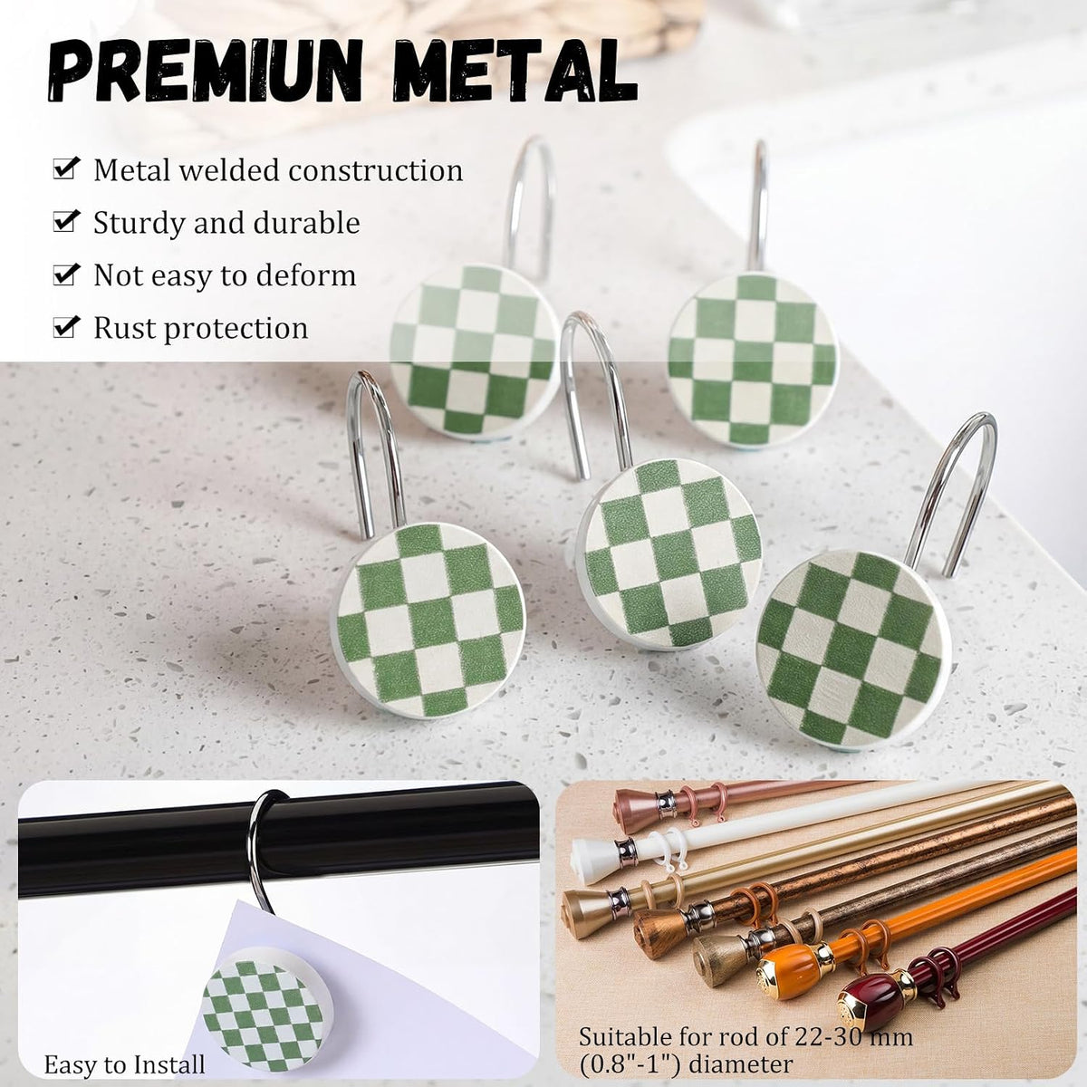 Yalikop Rustic Checkered Shower Curtain Hooks Set of 12 Retro Sage Green and White Round Shower Curtain Rings Modern Decorative Hanger Rings with Metal Hooks for Bathroom Rod and Liner