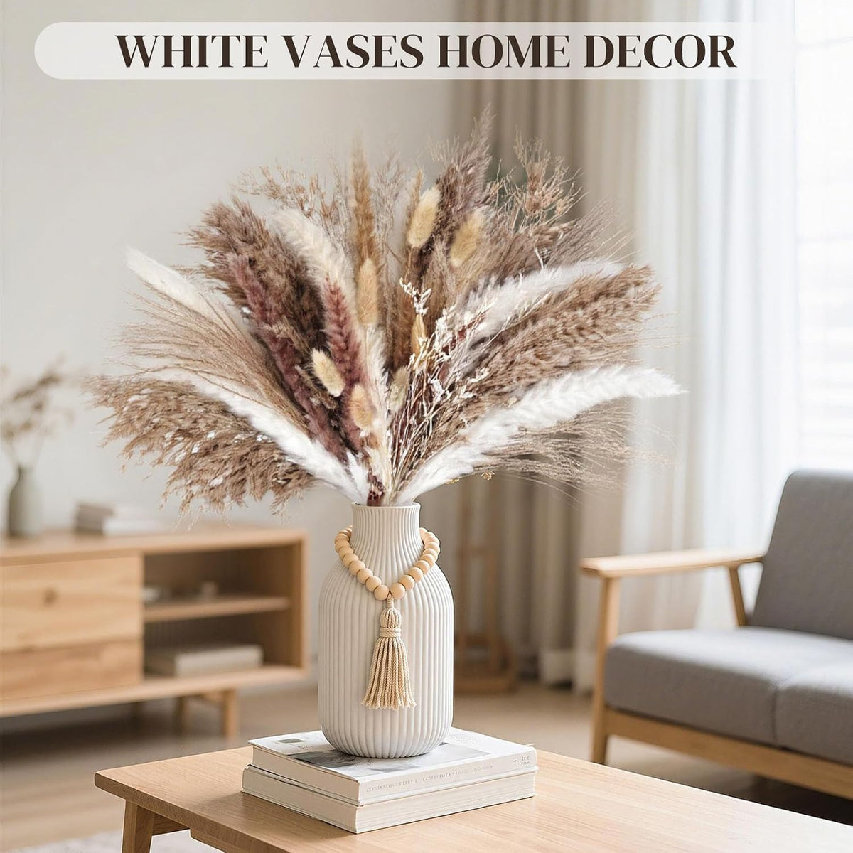 JOHOUSE White Ceramic Vase, 7.9 Inch Ribbed Vase with Wooden Beads Tassel