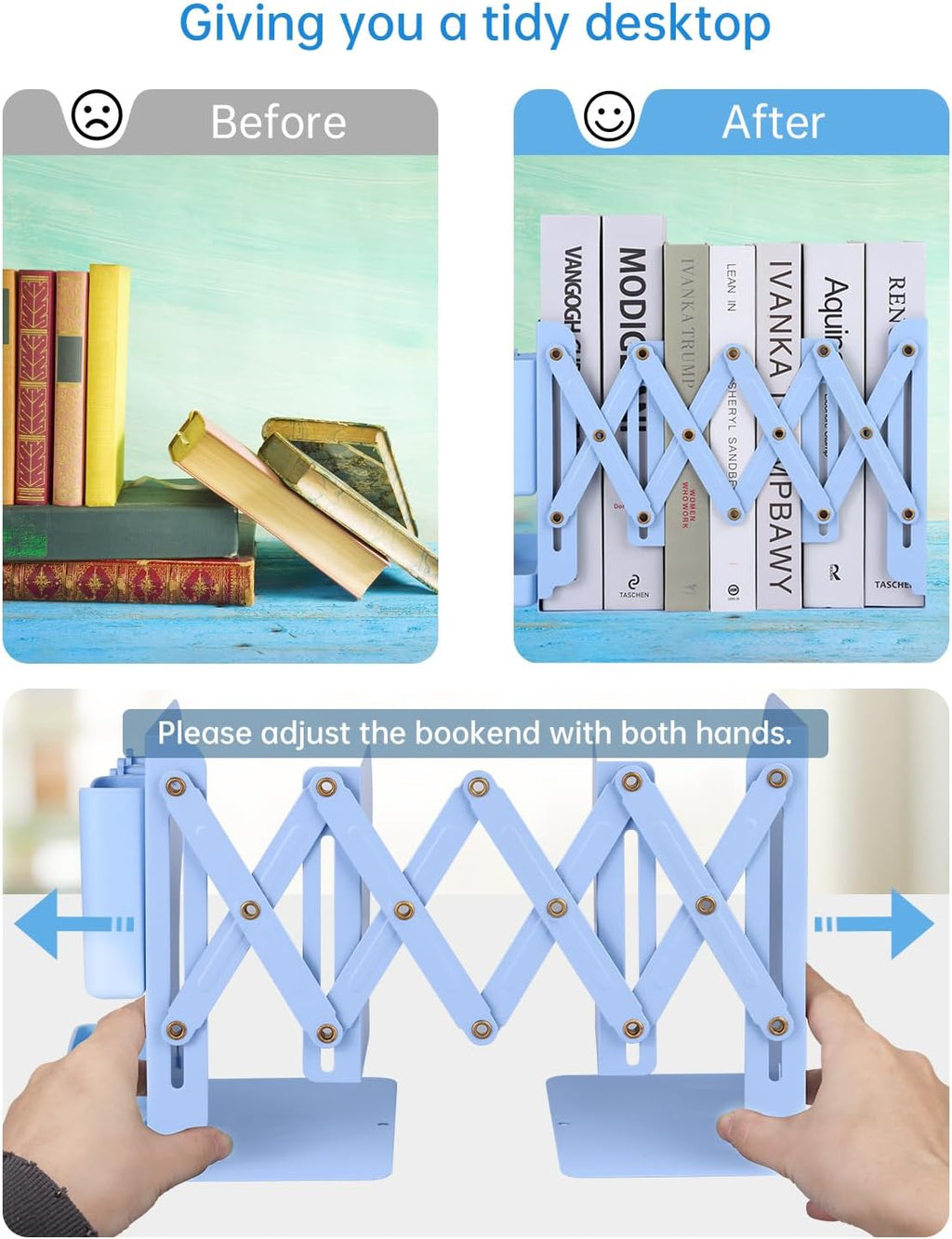 Honagu Adjustable Bookends, Metal Book Ends for Shelves Heavy Book, Bookend for Home, Office, Books, Papers, Book Stopper with Removable Hook, Pen Holder, Gifts for Students, Teachers（Light Blue）