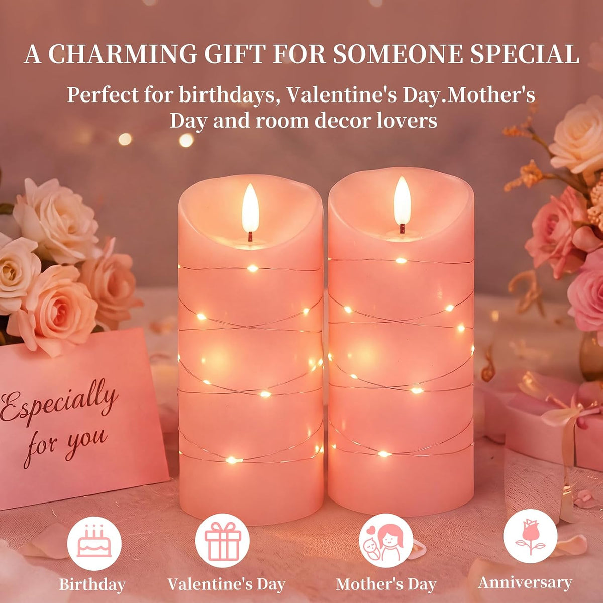 Homemory Flameless Candles with String Lights, 2 Pack Embedded Fairy String Lights LED Candles, Electric Flickering Candles with Remote Control and Timer, Real Wax, Pink