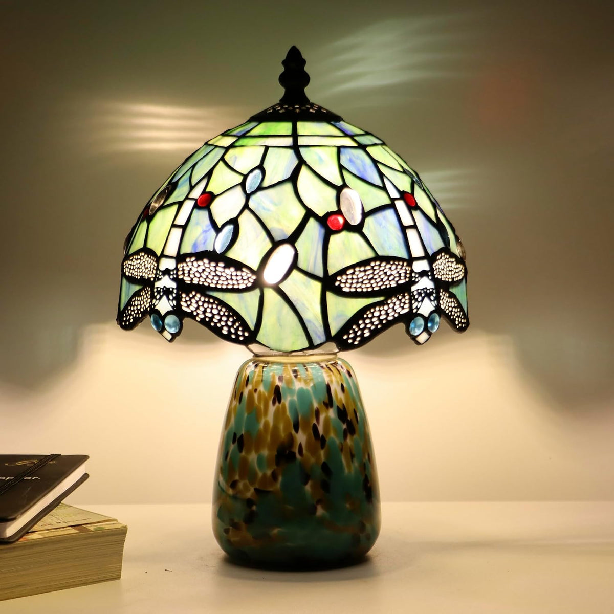 Tiffany Mushroom Table Lamp Dragonfly Style Sea Blue Stained Glass Accent Lamp Brown Blue Glass Base 8X8X12 Inch