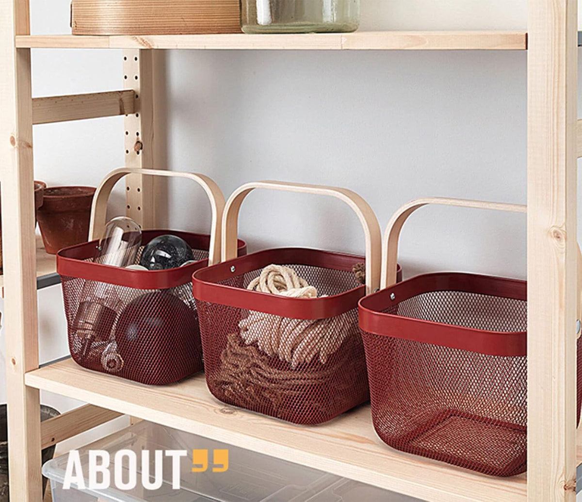AJIODA Metal Mesh Steel Basket, Storage Organizer Basket Multi-functional Hanging Kitchen Baskets Fruit Basket Bin with Bamboo Handle for Kitchen Bathroom Picnic Shopping Decor Cabinet Home, Red