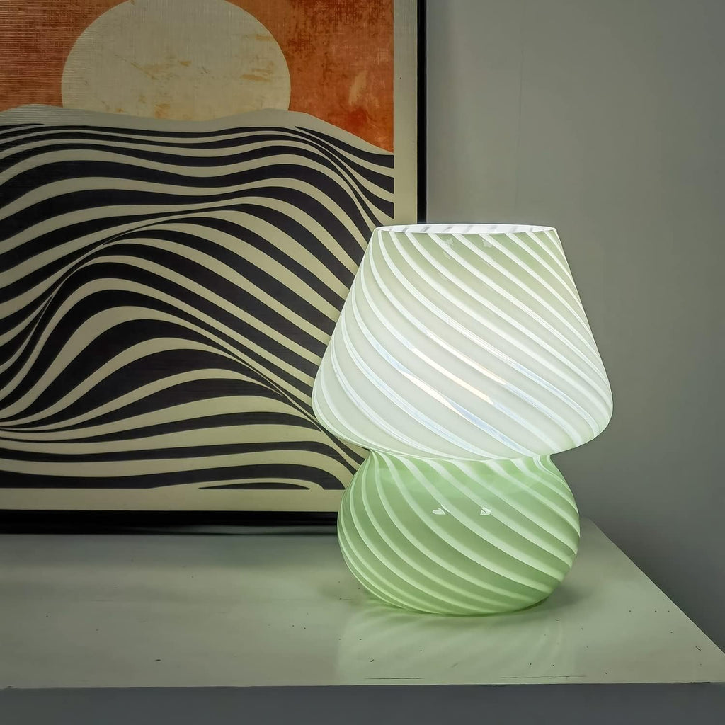 jonong Bedside Lamp Glass Striped Mushroom Table Lamp with 3 Color Modes LED Small Decorative Table Lamp for Gift Present,Suit for Bedroom, Living Room, Home Decor, Baby, Kids, Women (Green)