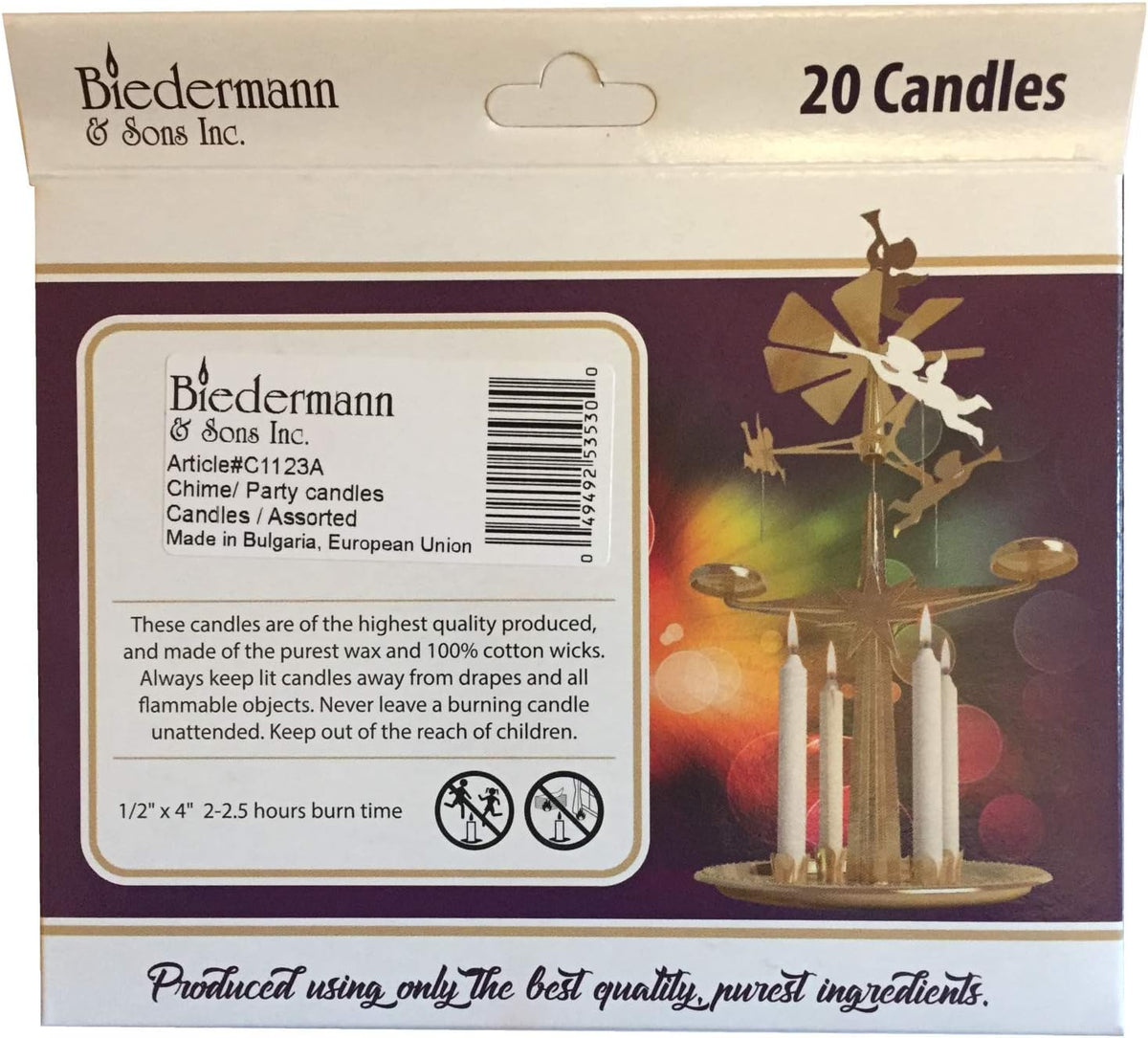 Biedermann & Sons Multicolor Chime Candles (Set of 20), Unscented Dripless Tapers, 4 Inch Tall 0.5 Inch Diameter, 2 Hour Burn, Colorful Sticks for Angel Chime Carousels and Chime Holders