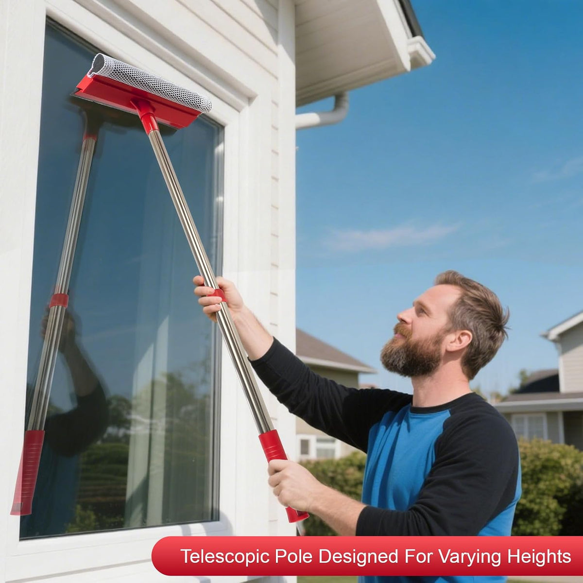 Window Squeegee with 15.7"-27.5" Retractable Stainless Steel Handle, 2-in-1 Windshield Cleaner Tool for Cars, Trucks, Glass Doors, Shower Glass, Outdoor Windows – Window Cleaner (Red)