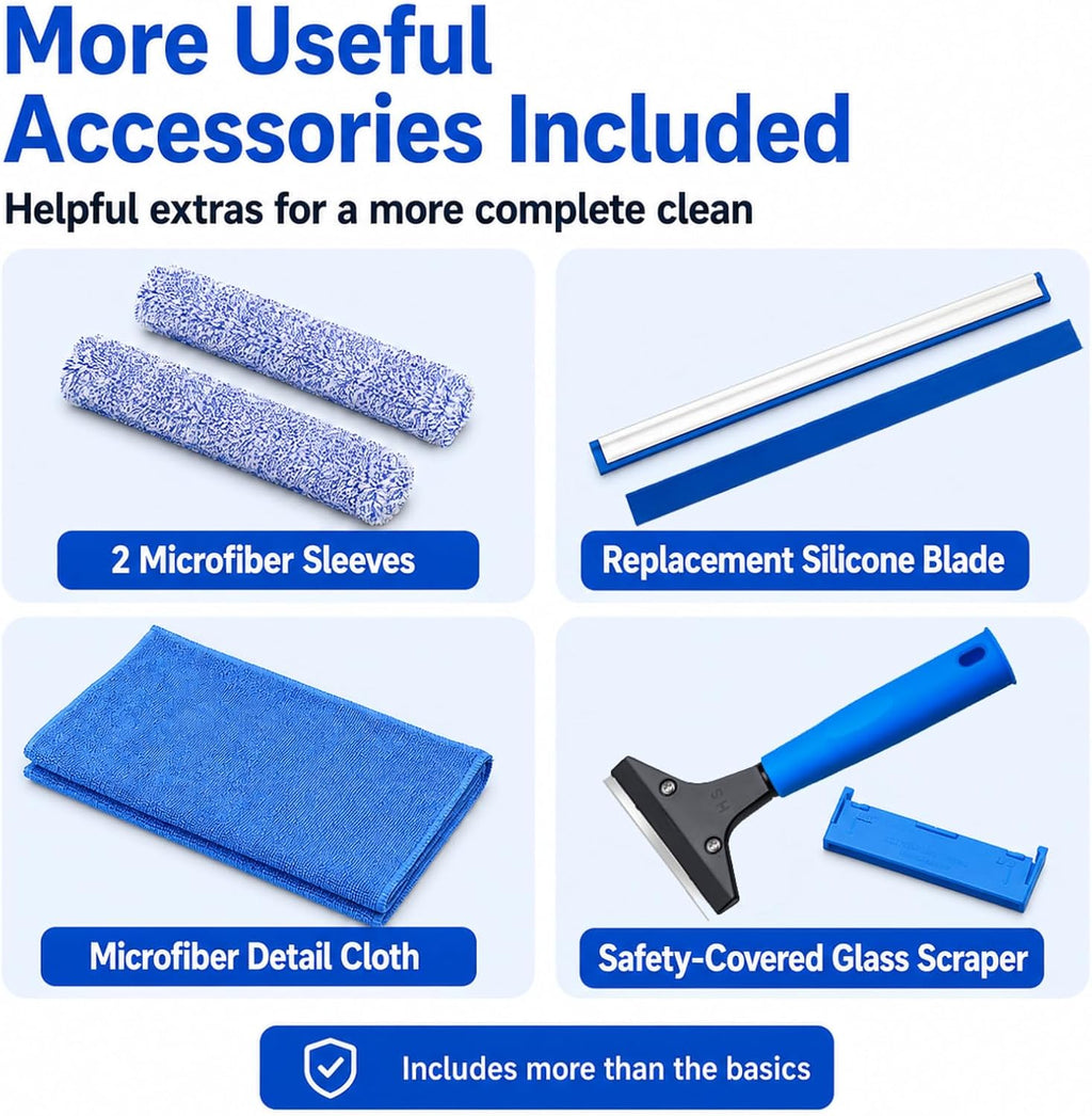 Window Cleaning Kit, 87-Inch Reach, Squeegee, Collapsible Bucket & Scraper