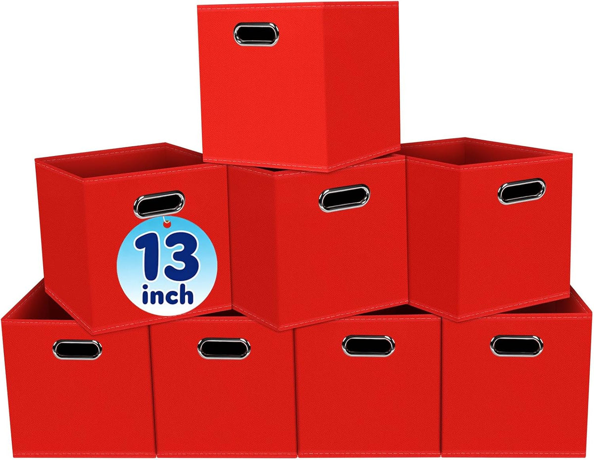 Fabric Cubby Storage Bins,13x13x13 Inches,Cube Organizer Bin Foldable Storage Boxes with Dual Handles Fabric Organizer Box and collapsible Storage basket,Set of 8,Red