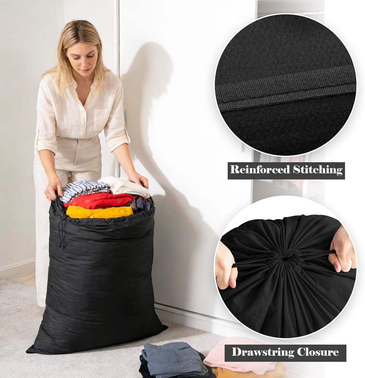 Heavy Duty Nylon Laundry Bag 28"x40" Drawstring Storage for Home