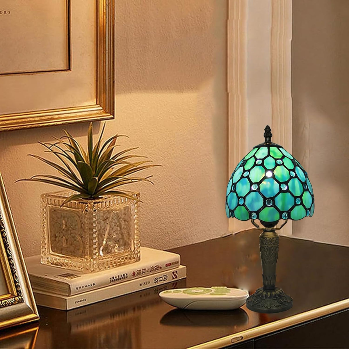 Tiffany Style Small Table Lamp,Green Beads Stained Glass 3 Color Temperature Antique Table Lamps,Bedside Nightstand Lamp for Bedroom,Living Room,Home Office+LED Bulb,6X6X12.5Inch