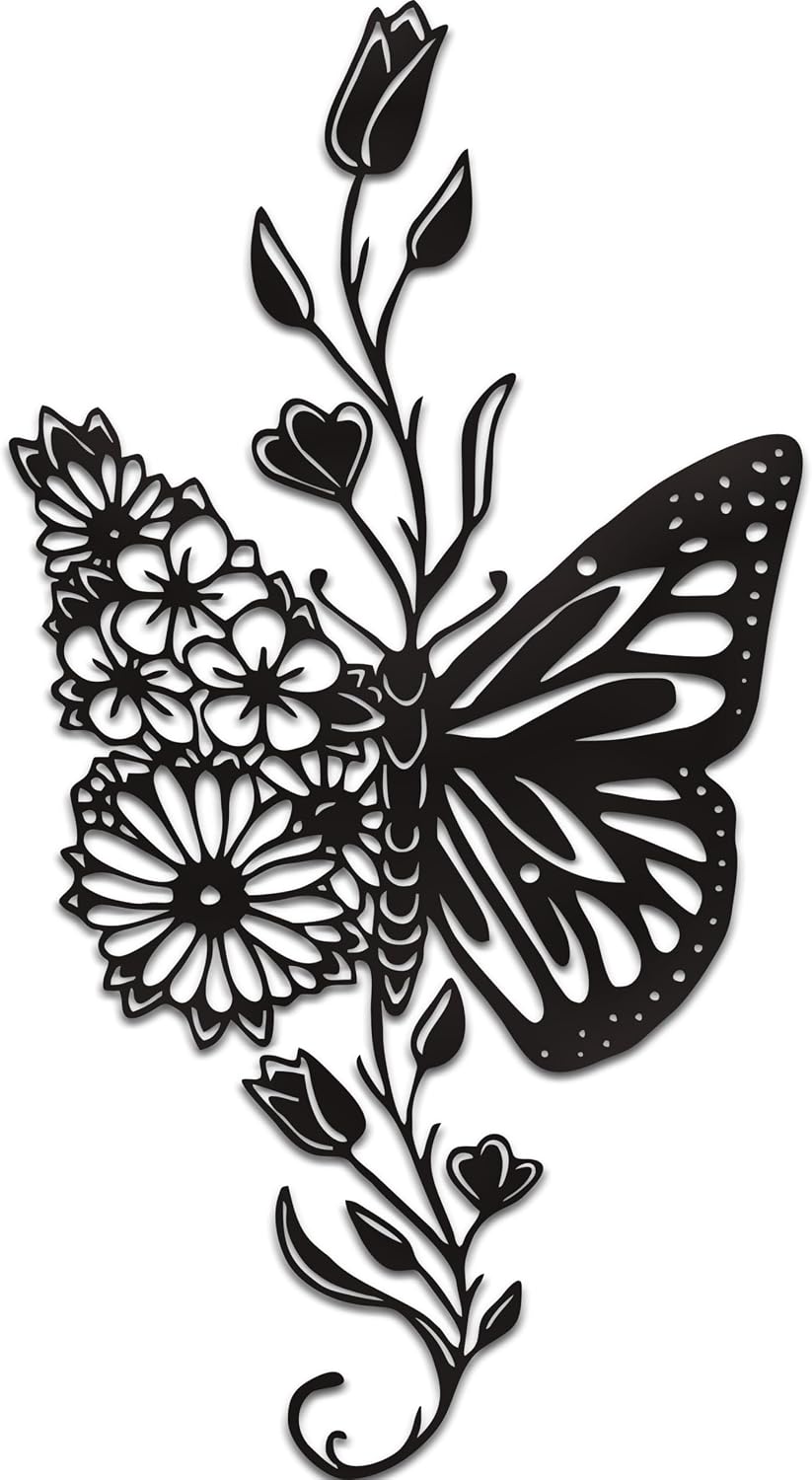 Rajukit Butterfly Flower Metal Wall Art Black for Living Room