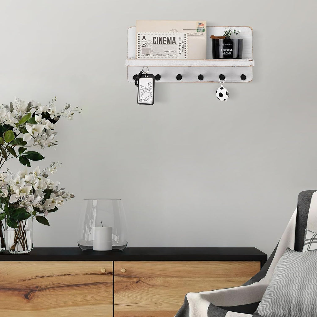 Nekon Key Holder for Wall with Shelf, Pine Wooden Key Hanger, Rustic White