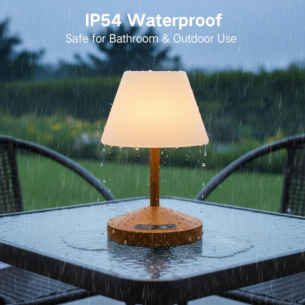 OUTON Rechargeable LED Shower & Table Lamp, Waterproof, USB Output, Stepless Dimming, 3 Colors, Power Indicator, Memory Function, Battery Operated Light for Home, Bathroom, Patio & Outdoor (Wood)