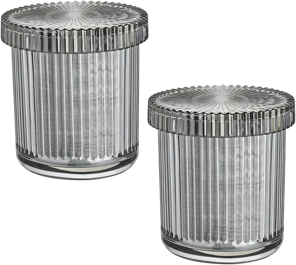 2 Pack Ribbed Glass Qtip Holder with Lid, Gray