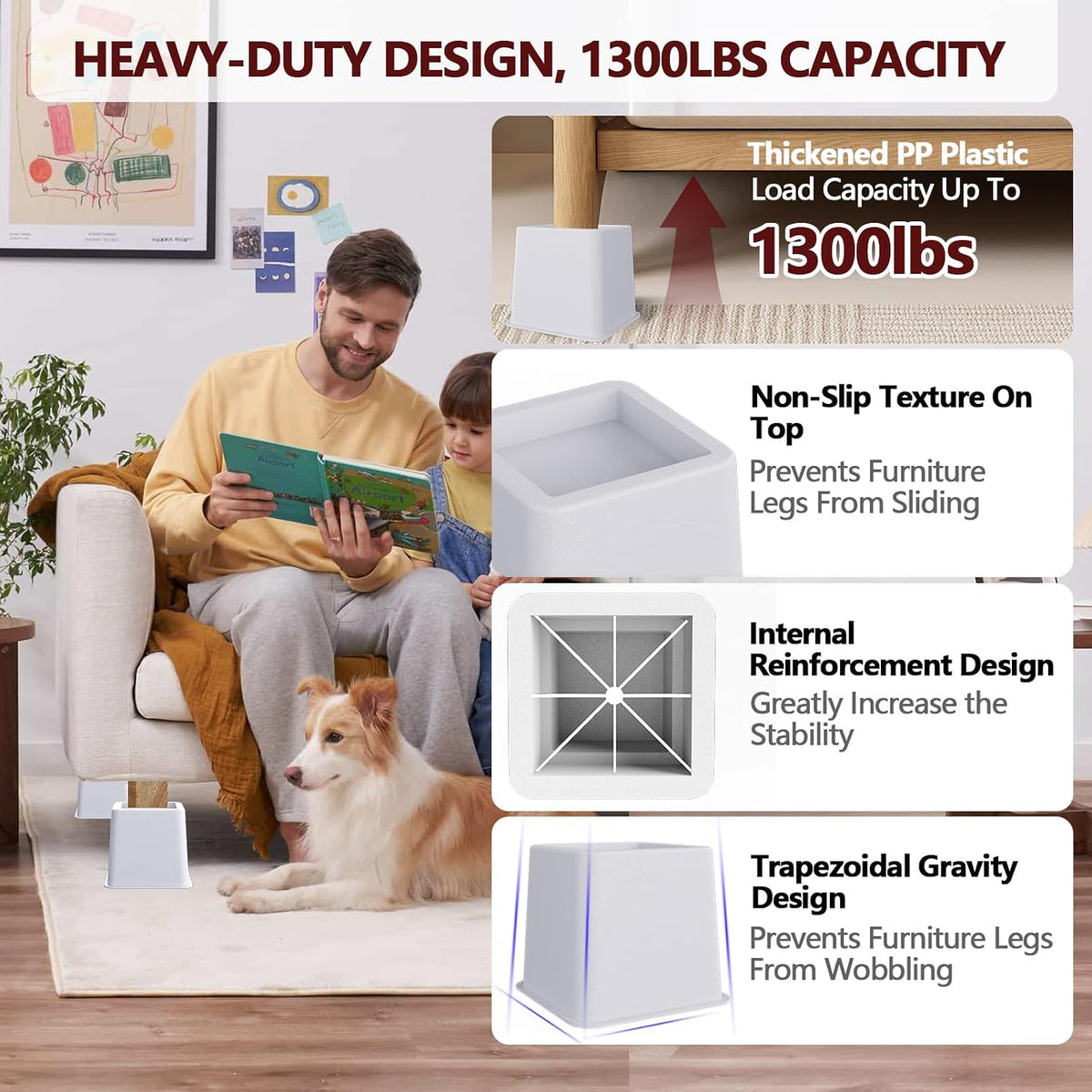 Heavy Duty 8 inch Bed Risers-Set of 4 Adjustable Furniture Risers, Elevation Heights of 3, 5 & 8 Inches, Supports Up to 1,300 lbs for Under-Bed Storage, College Dorms, Table and Couch(White)