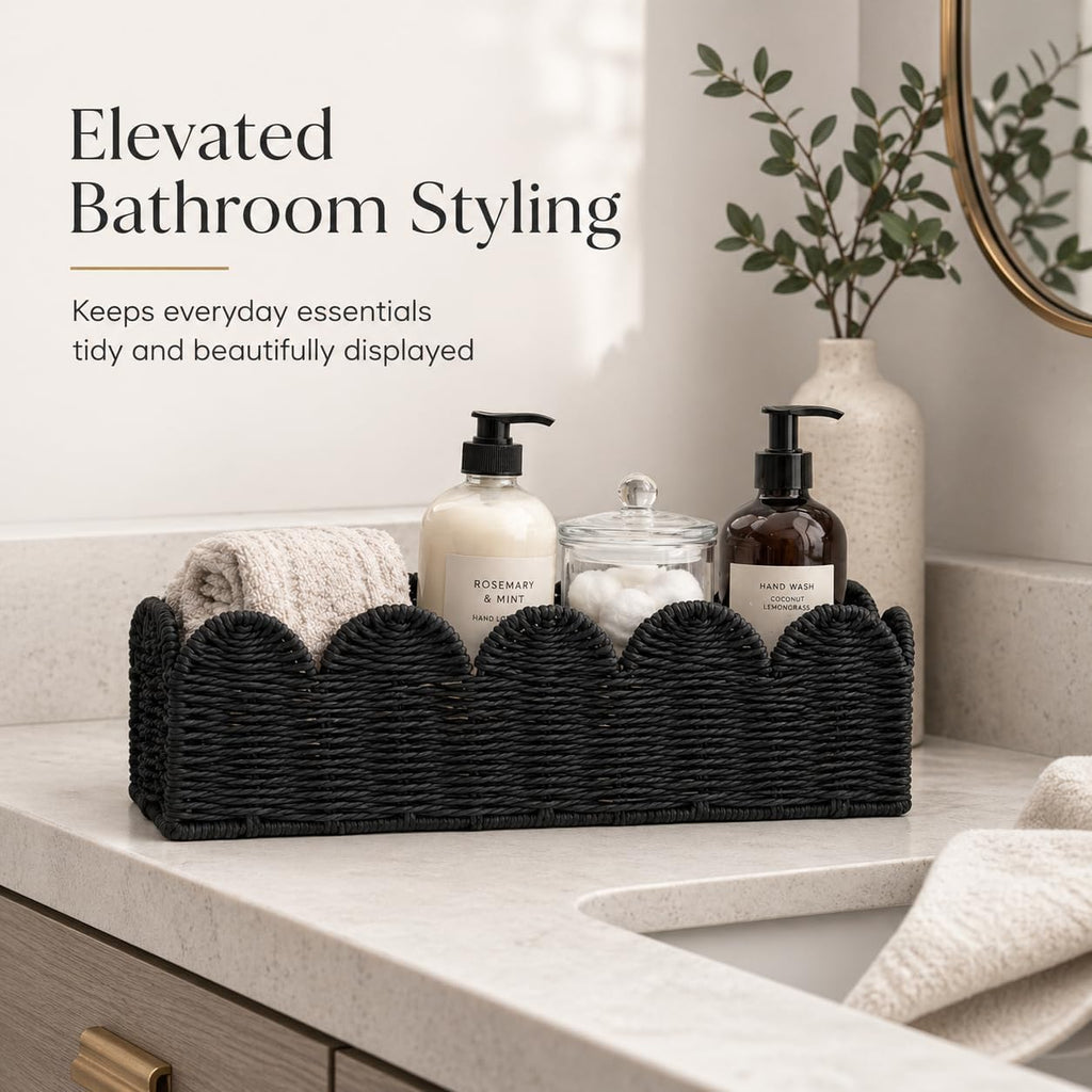 Black Scalloped Basket, Toilet Tank Tray, Back of Toilet