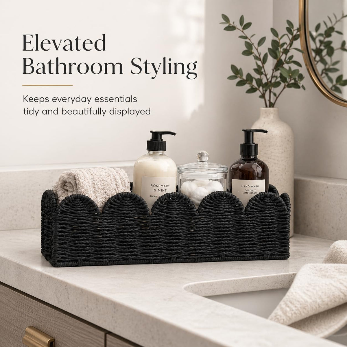 Black Scalloped Basket, Toilet Tank Tray, Back of Toilet
