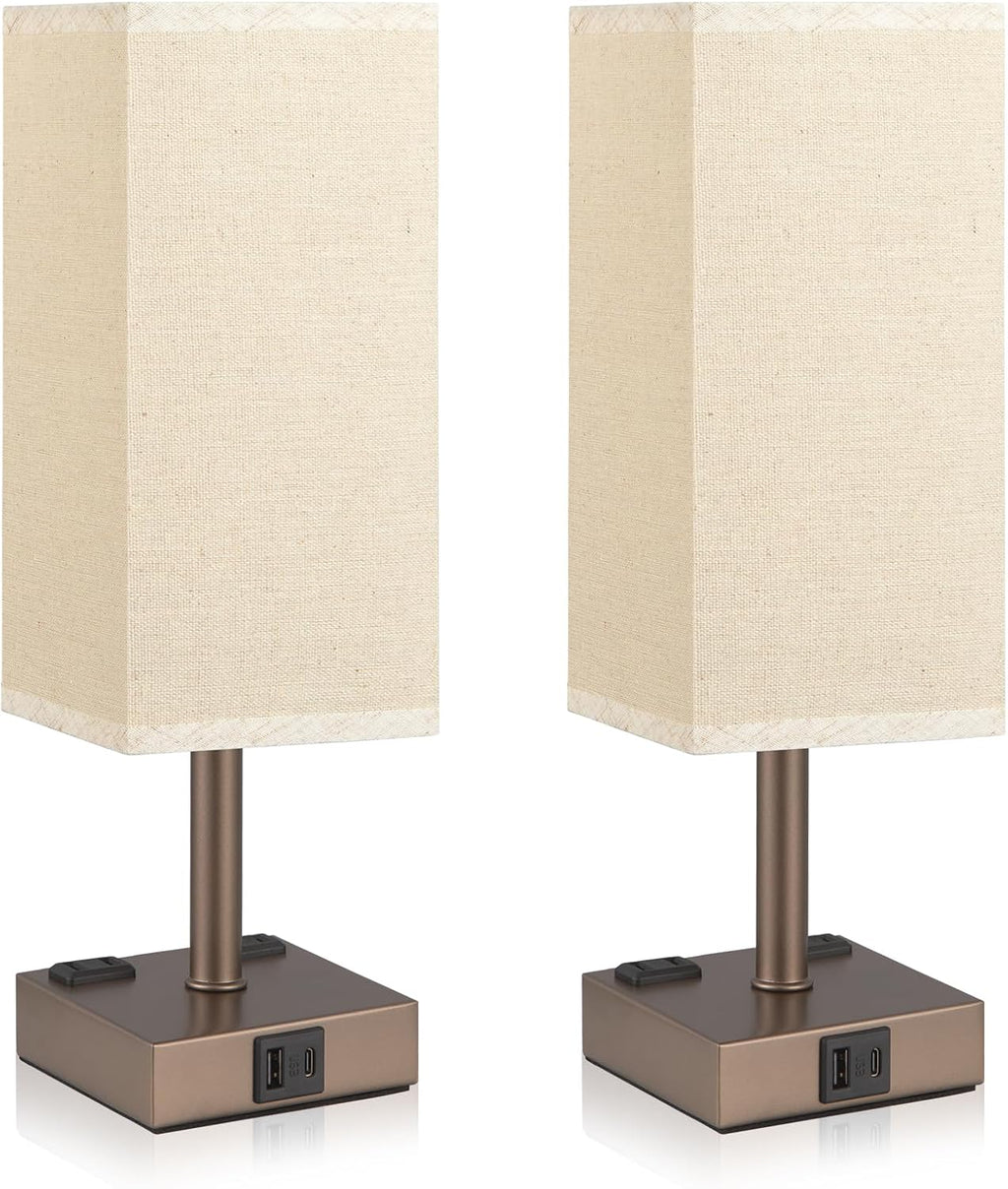 Brown Touch Lamps Set of 2 for Bedroom - Dimmable, USB C+A, 2 AC Outlets