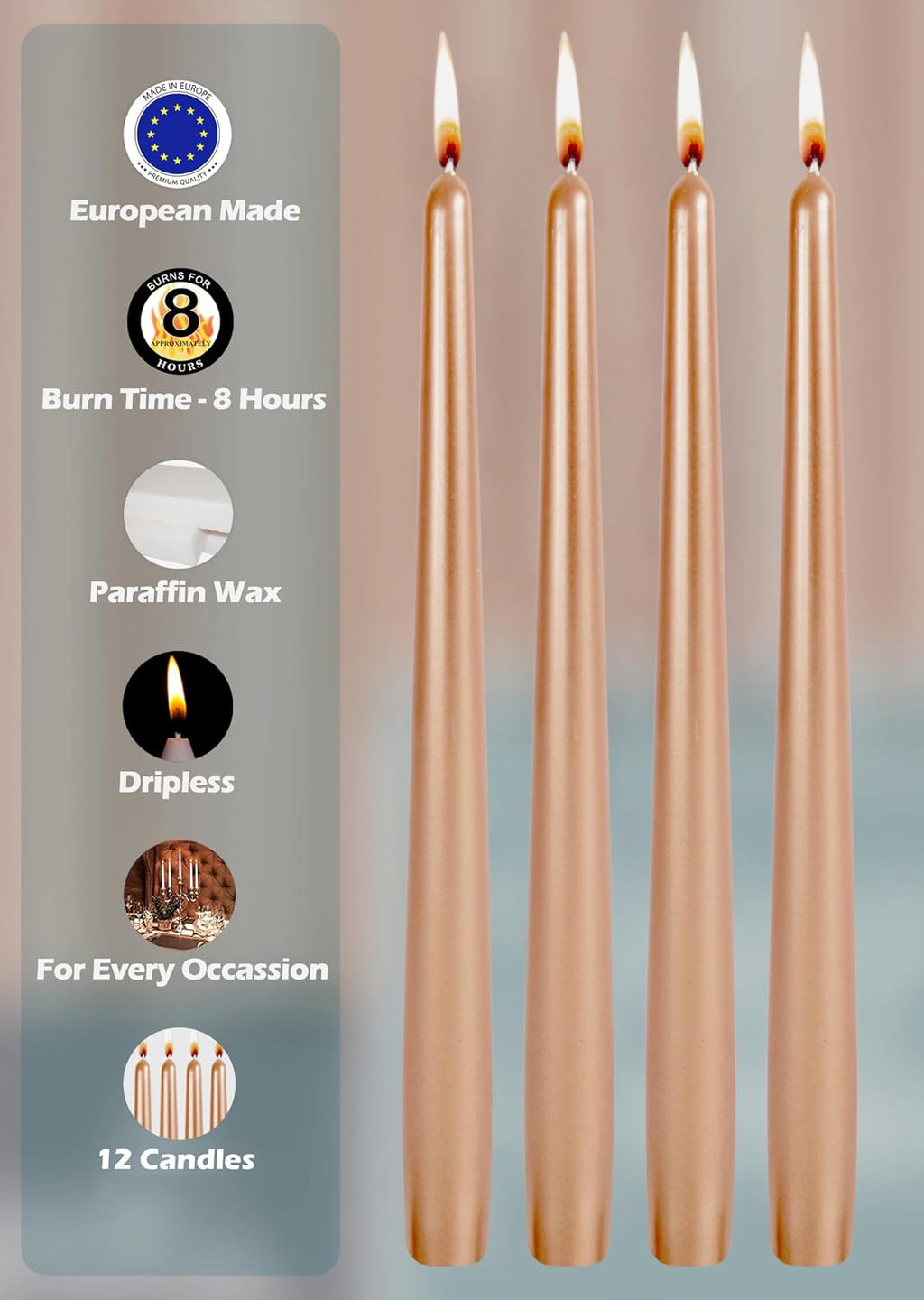 Hyoola 12 Pack Tall Metallic Taper Candles - 10 Inch Copper Metallic, Dripless, Unscented Dinner Candle - Paraffin Wax with Cotton Wicks