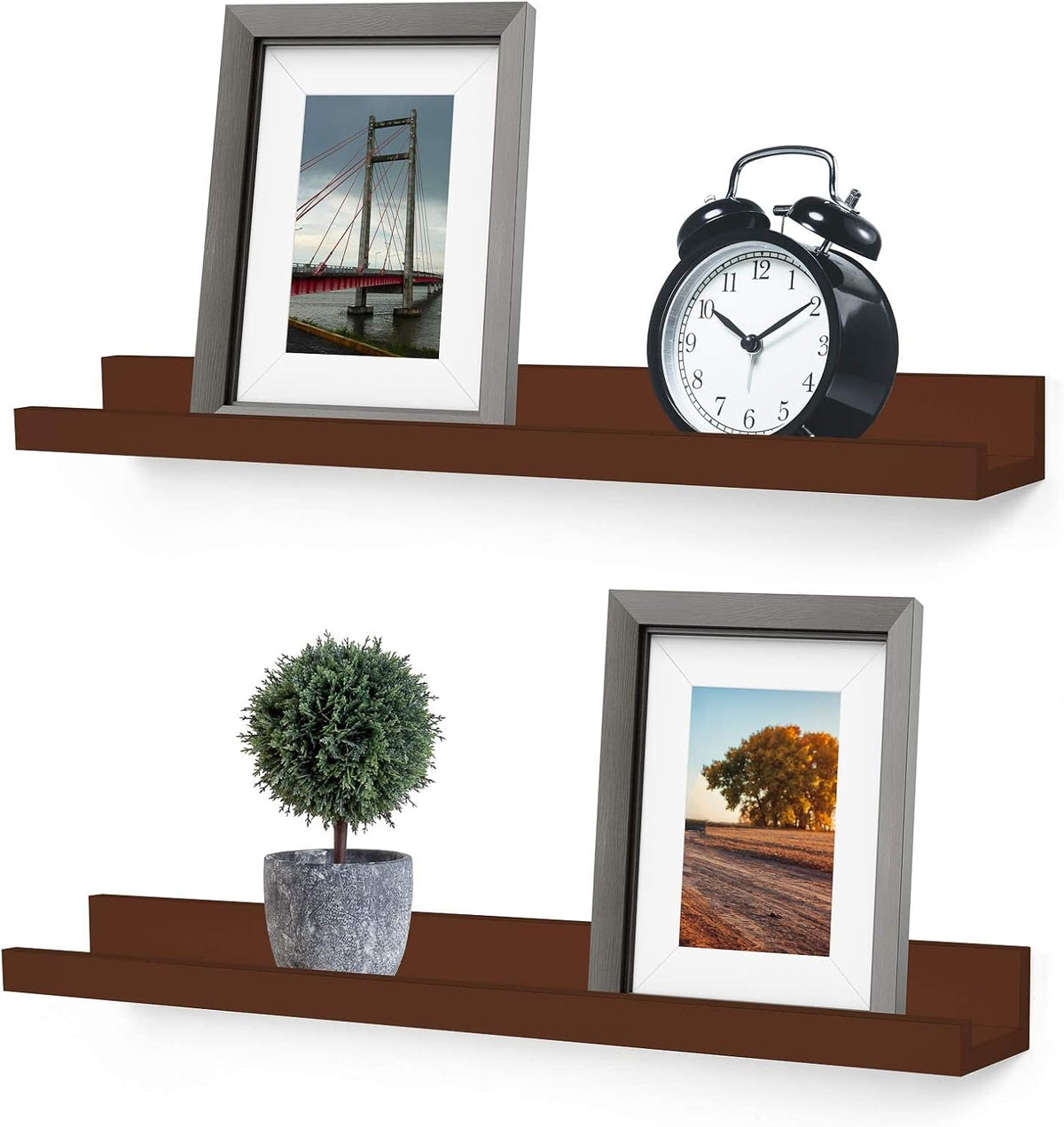 Greenco Picture Shelf, Set of 2 Wall Mounted Photo Ledge Floating Shelves for Bedroom, Living Room, Kitchen, Bathroom, Nursery Display, Walnut Finish