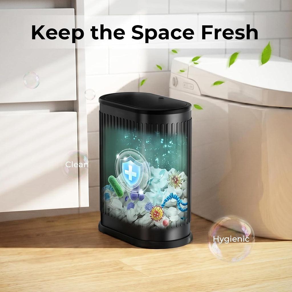 1.8 Gallon Small Bathroom Trash Can with Lid, Press-Top, Black
