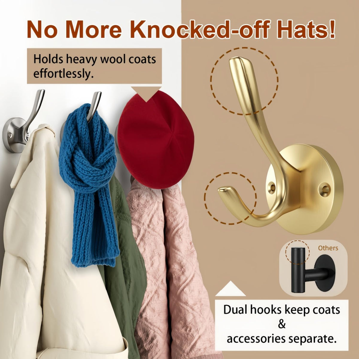 Coat Hooks for Hanging Coat Hooks for Wall Mounted Brass Wall Hooks Heavy Duty Brushed Robe Closet Hooks for Hanging Coats Entryway Metal Towel Hooks for Bathrooms (8, Gold)