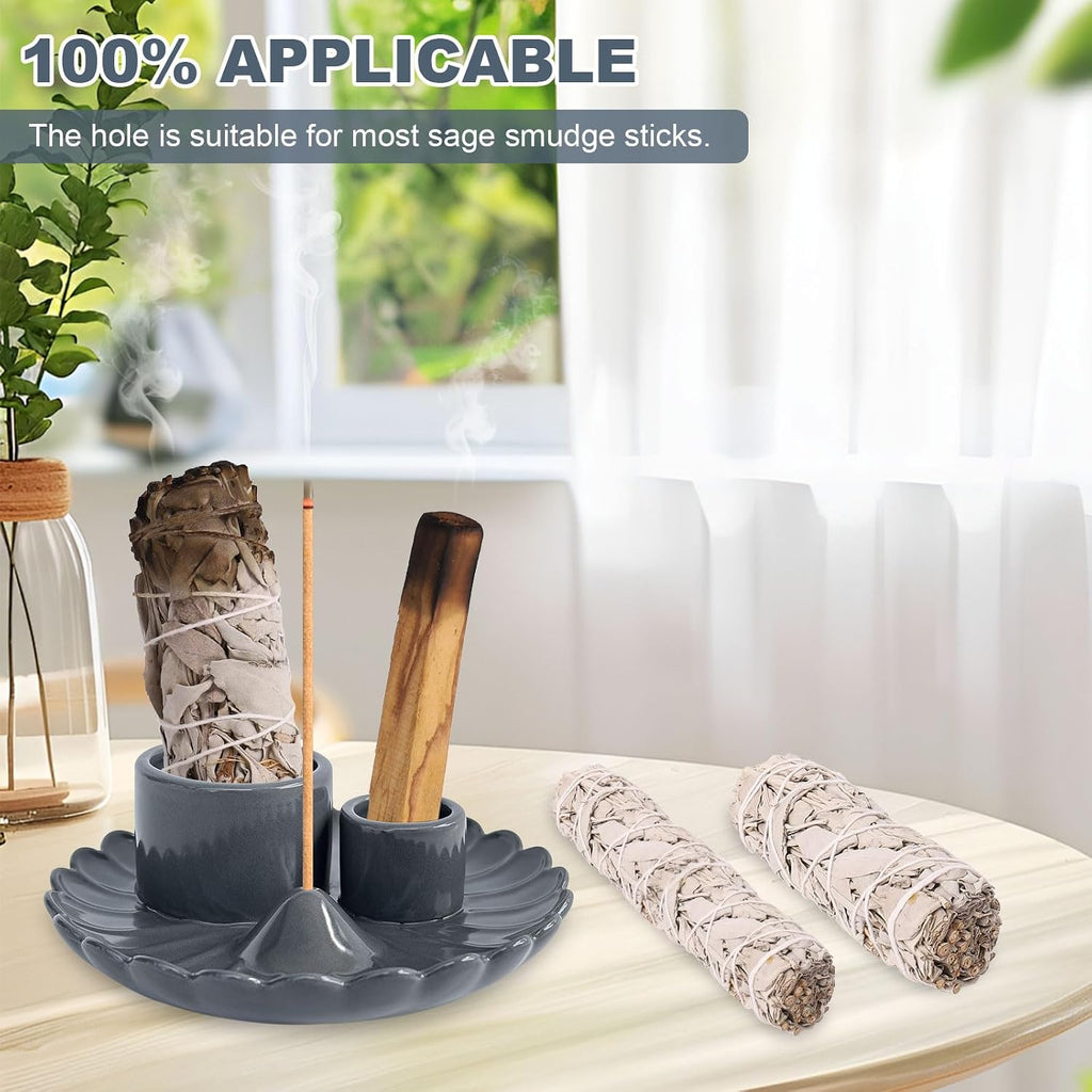4 in 1 Incense Holder, Ceramic Palo Santo Holder, Sage Holder for Burning, 5.3" Ceramic Ash Catcher Tray for Meditation Yoga Room