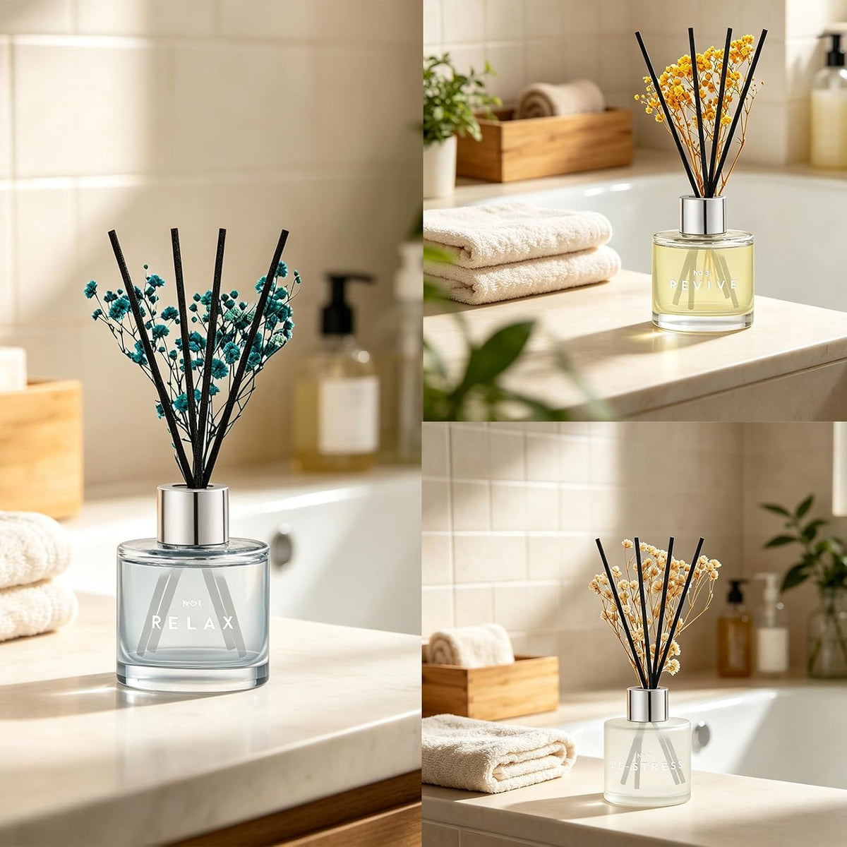 Set of 3 Scent Diffuser with Dry Flowers Ocean Salt Fresh Linen Amber