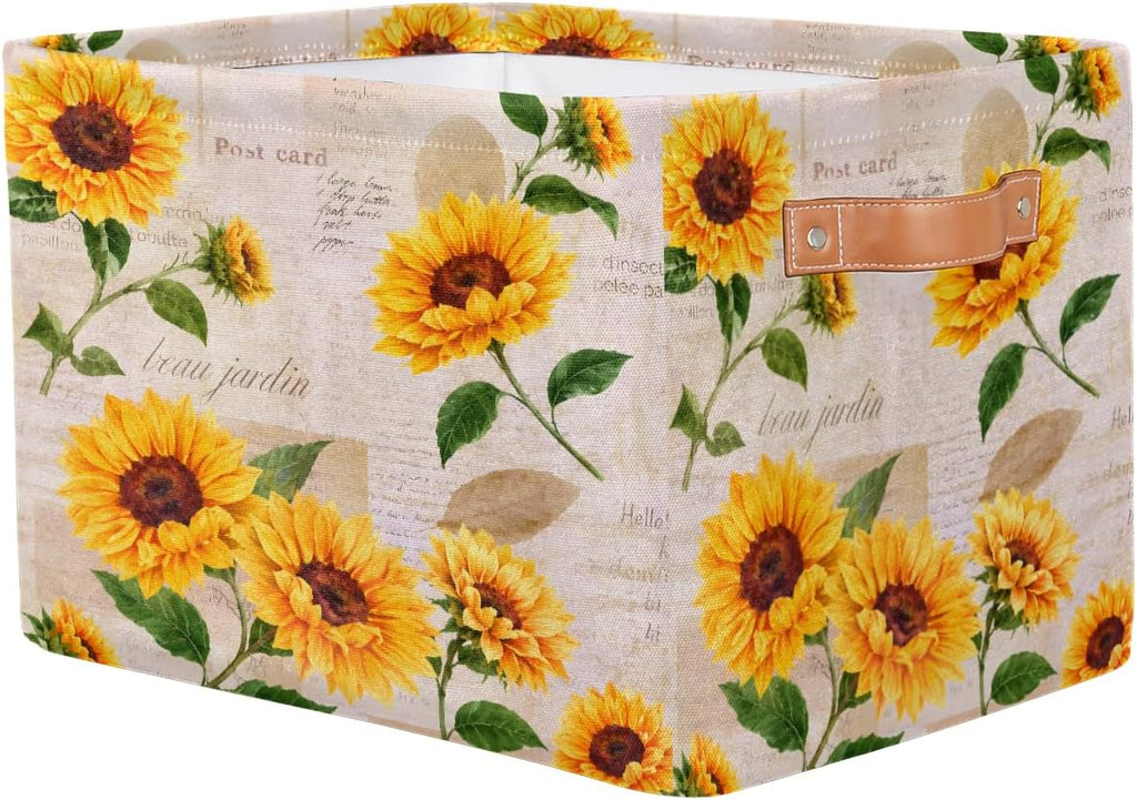 Storage Basket Flower Floral Sunflower, Large Foldable Organizer Storage Bins for Shelves, Sturdy Canvas Cubes Storage Boxes with Handles for Toys Closet Nursery Office Living Room 15" x 11" x 9.5"