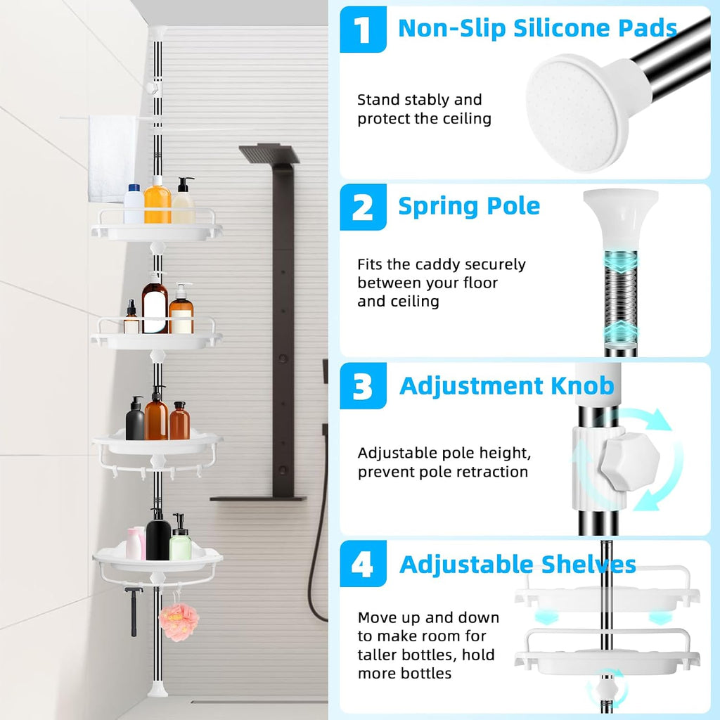 XLHOMO 32-122inch Corner Shower Caddy Tension Pole White, Rustproof Drill-Free Shower Shelves for Bathroom Bathtub Washbasin, Adjustable Shower Organizer with 4 Tier Patent Stable Shelves & Towel Bars