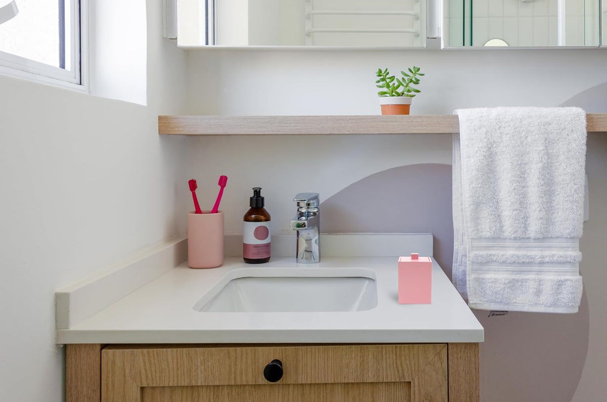 Bathroom Q Tip Holder with lid, Resin ,Square (Matte Pink)