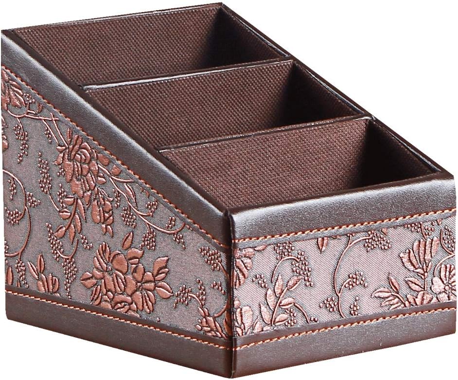 Leather Remote Control Holder with 3 ladder-shaped grids Controller,Nightstand Remote Caddy,Desk Organizers,for Storage Pen,Calculator,Media,Mail,Mobile and Phone Etc(Antique)