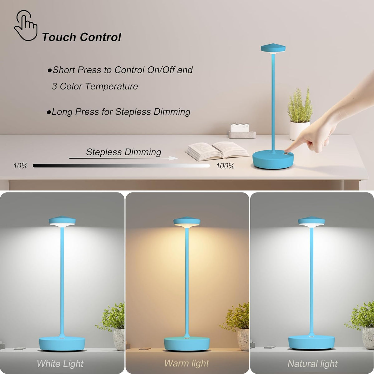TBBGA 1 Pack Cordless Table Lamp Rechargeable, 5000mAh Battery Table Light