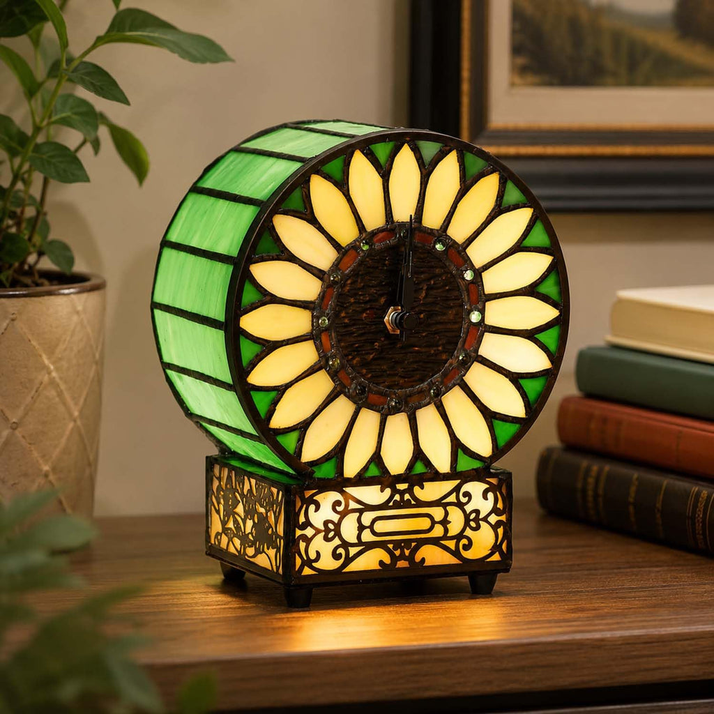 Bieye L12026 Sunflower Tiffany Style Stained Glass Clock Table Lamp