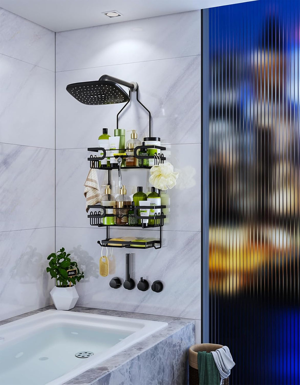 HapiRm Bathroom Hanging Shower Caddy - Rustproof & Waterproof Shower Shelf with 12 Hooks and 2 Soap Holders, No Drilling Bathroom Organizers and Storage - Black