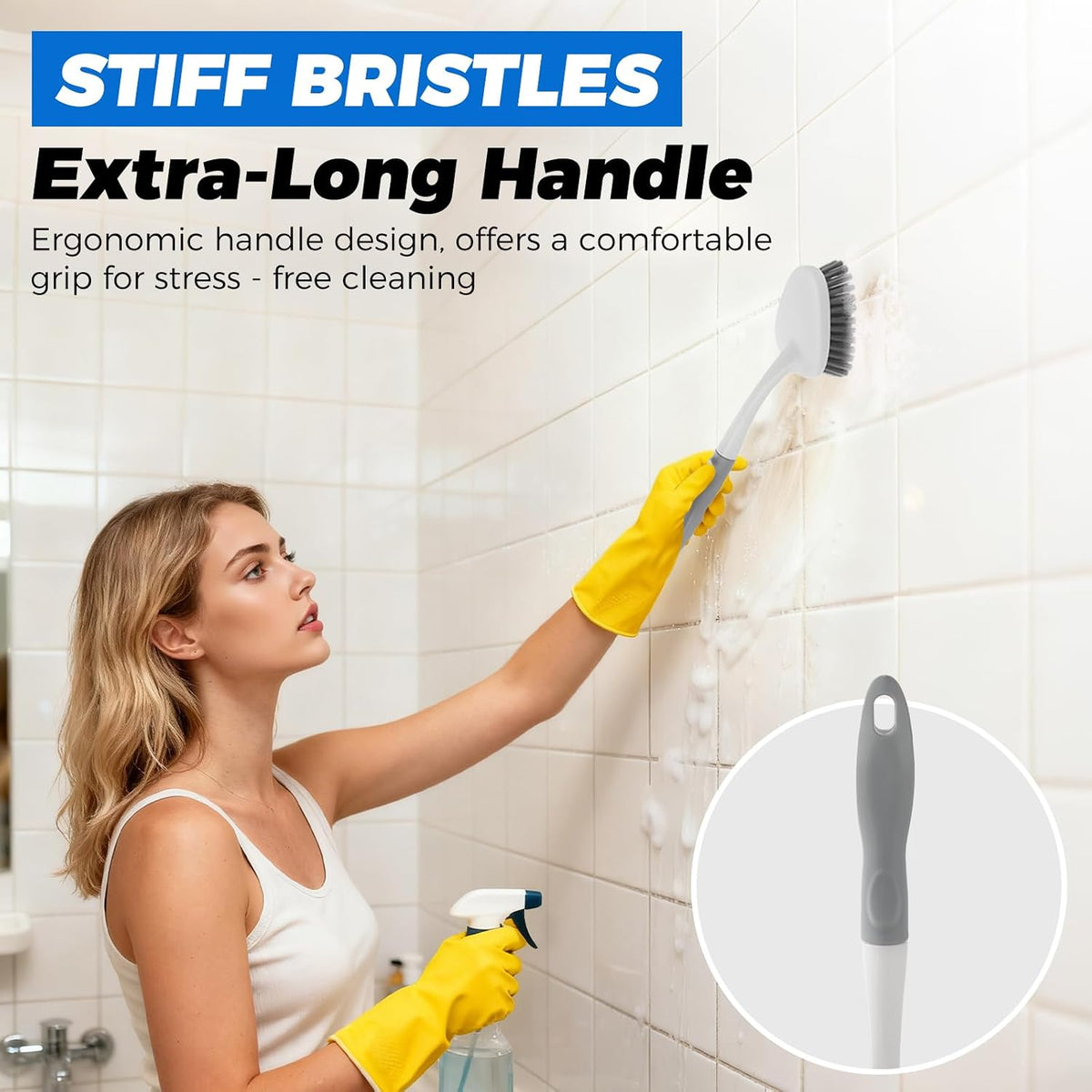 3 Pack Heavy Duty Scrub Brush Set for Household Use, Long Scrub Brush, Handheld Scrub Brush, and Crevice Brush with a Scraper Head for Cleaning Bathroom, Tile, Grout, Tub, Floor, Sink