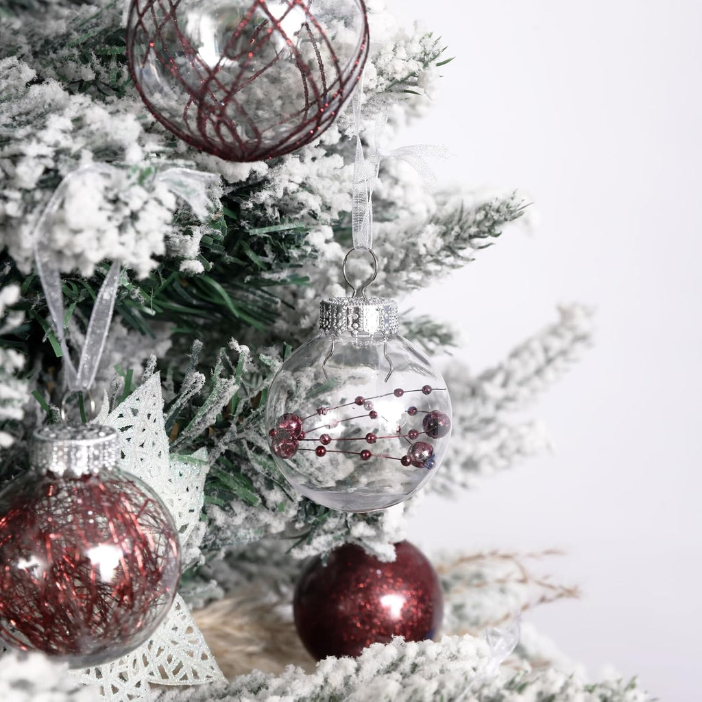 Clear Christmas Ball Ornaments,24ct Shatterproof Plastic Decorative Christmas Ornaments Hanging Xmas Tree Baubles Set with Stuffed Delicate Glittering Decorations for Holiday Home Decor(Burgundy)