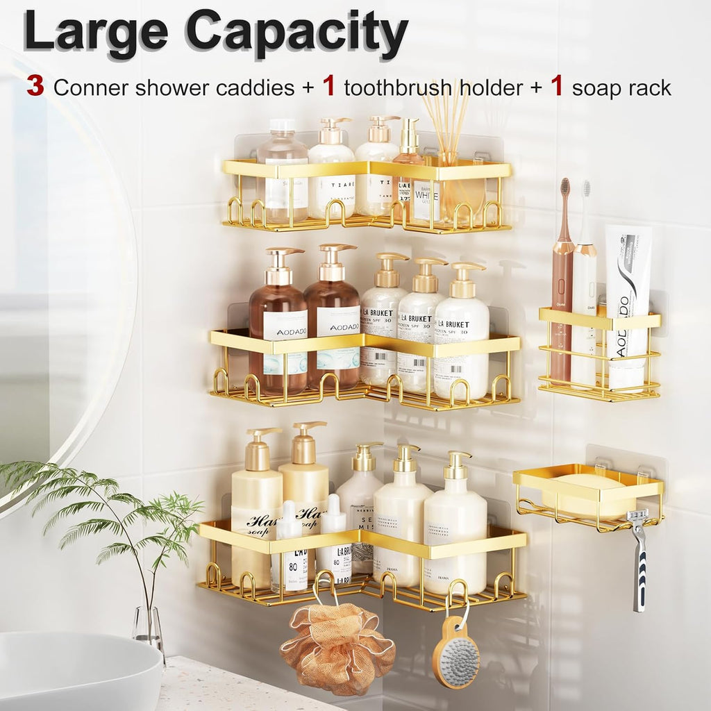 Liuoud Corner Shower Caddy, 5 Pack Adhesive Stainless Steel Organizer, Gold