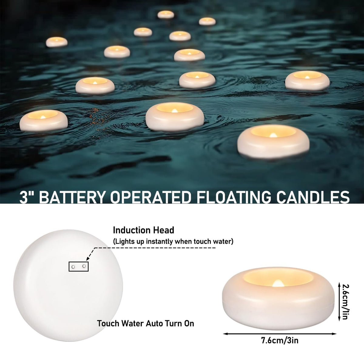 Flameless LED Floating Candles, 24 Pack 3" Waterproof Water Activated Candles, Auto On/Off, 120+ Hours Long Lasting Warm White Flickering Lights for Pool, Bathtub, Wedding & Party Decor