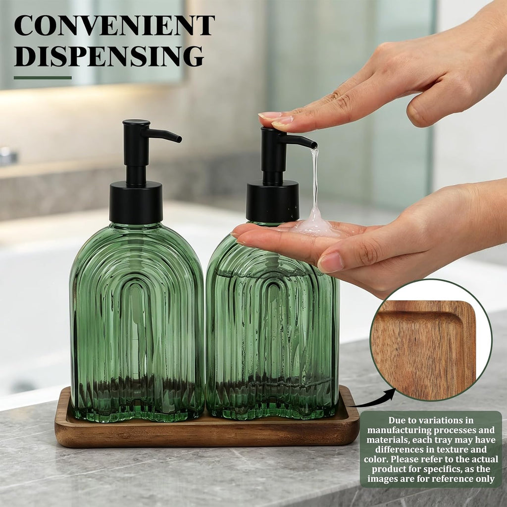 Glass Soap Dispenser Set with Wooden Tray, 11.6Oz Refillable Liquid Modern Soap Dispenser with Plastic Pump for Hand and Dish Set for Bathroom Countertop Decor (Green)