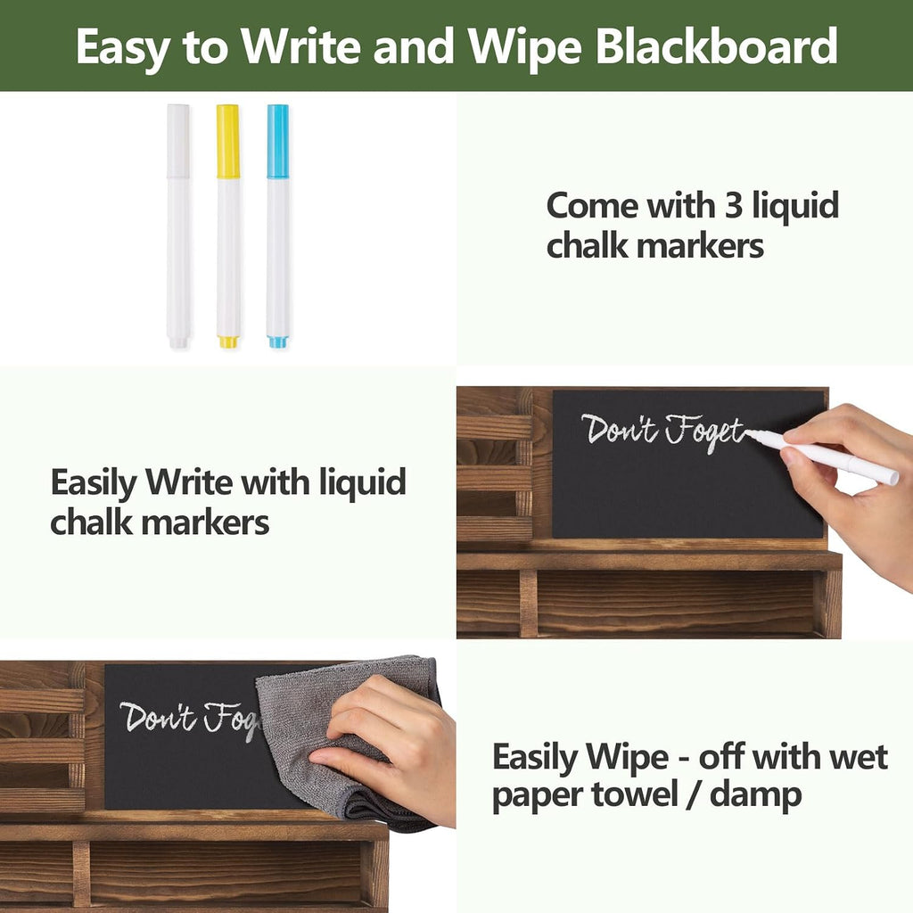 Key Holder for Wall, Wall Mounted Mail Holder Wooden with Shelf & 3 Liquid Chalks & Chalkboard, Mail Sorter Organizer, Rustic Home Decor (15.98”W x 9.1”H x 3.3”D), Burnt Brown